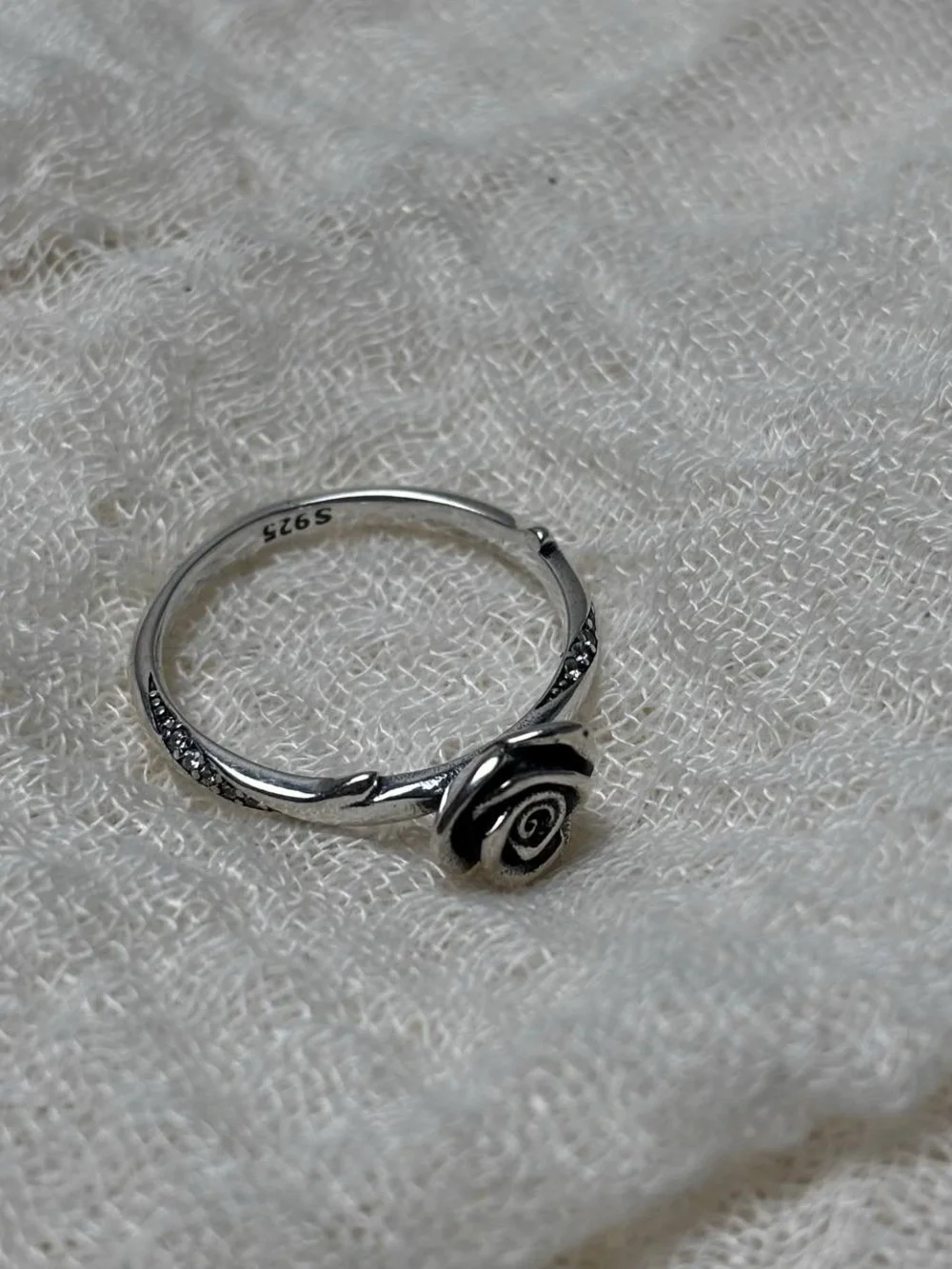 925 Sterling Silver Rose Ring - Silver Floral Band, Size 7